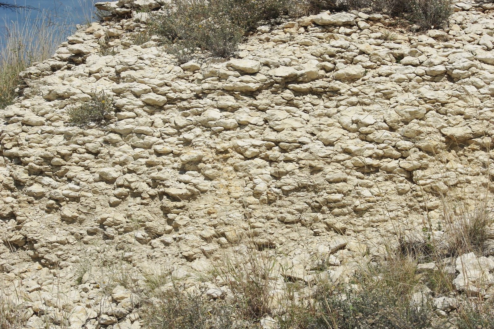A bank of white, broken caliche rock with dry grass on top