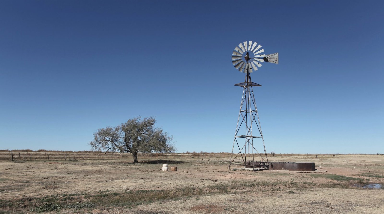A windmill beside a lone mesquite tree on bare, flat ground under a deep blue sky